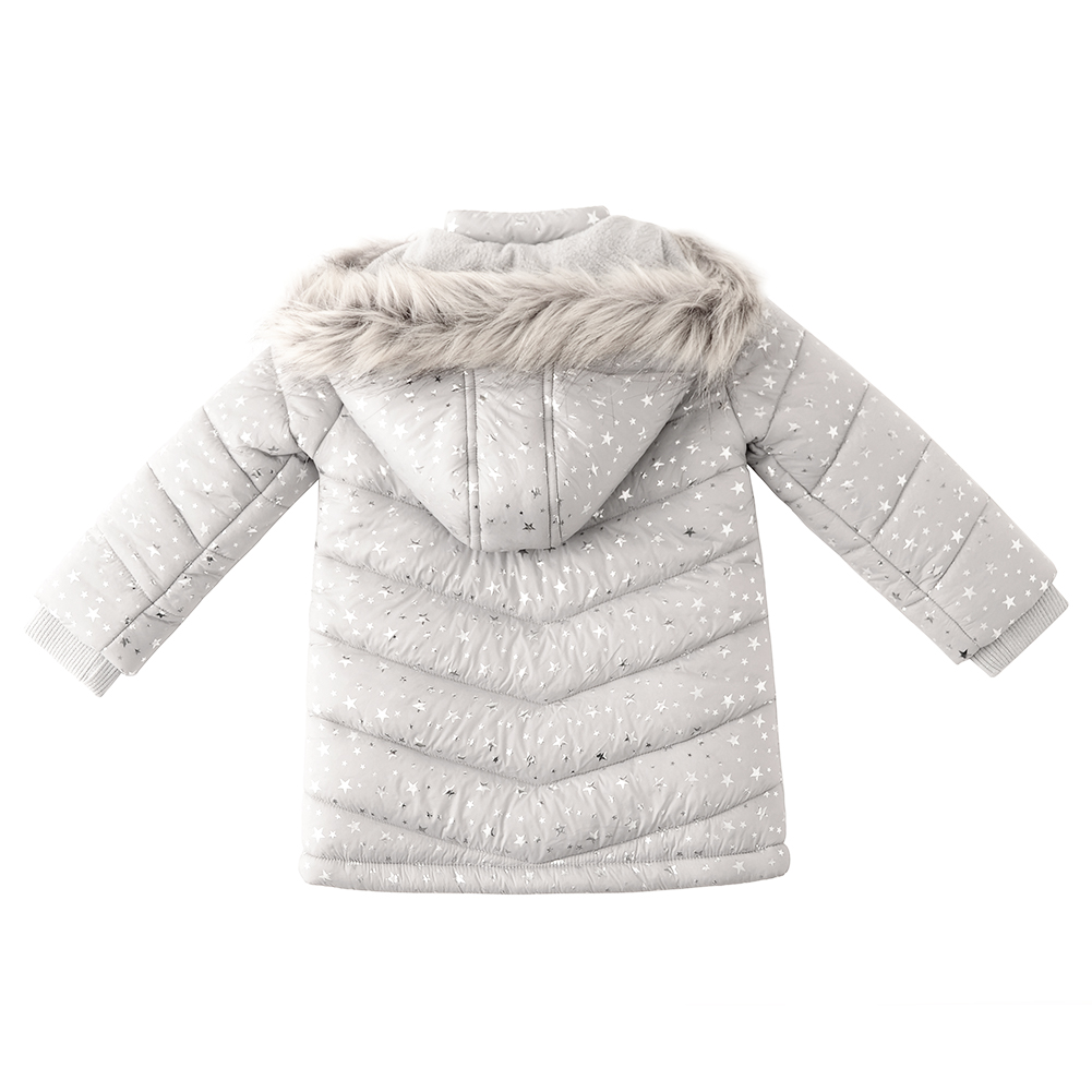 Girls Winter Fleece Lined Jacket Printed Faux-Fur Hooded Puffer Coat Silver