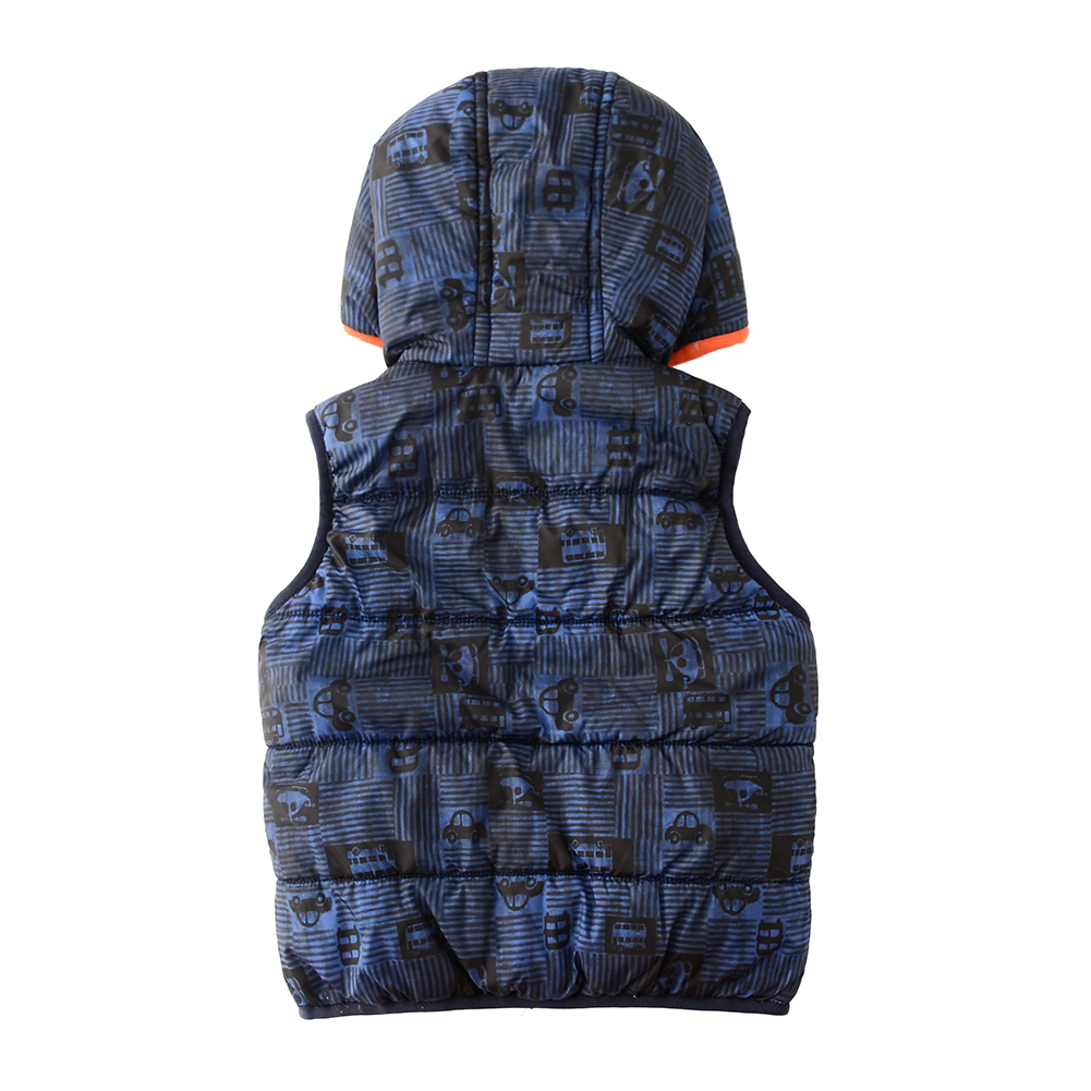 Boys Puffer Quilted with Hood Vest Car Print Lined Zipper Waistcoat